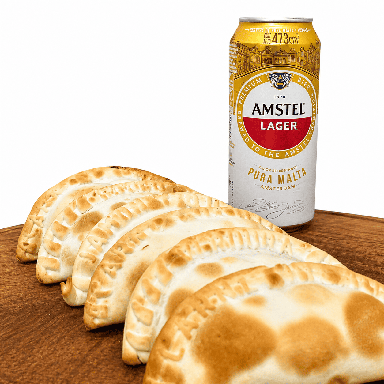 6 empanadas + cerveza 473cc